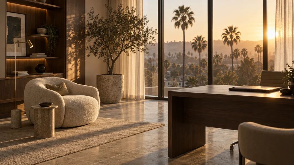 Golden-hour consultation suite overlooking palm trees