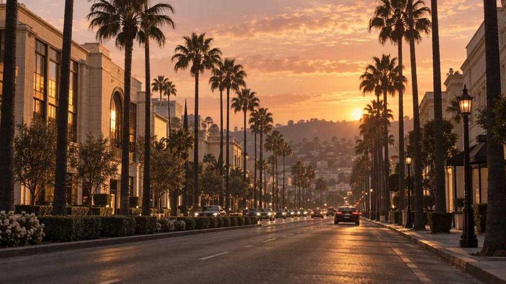Palm-lined Beverly Hills boulevard at sunset