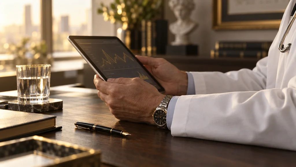 Physician's hands reviewing results on a tablet